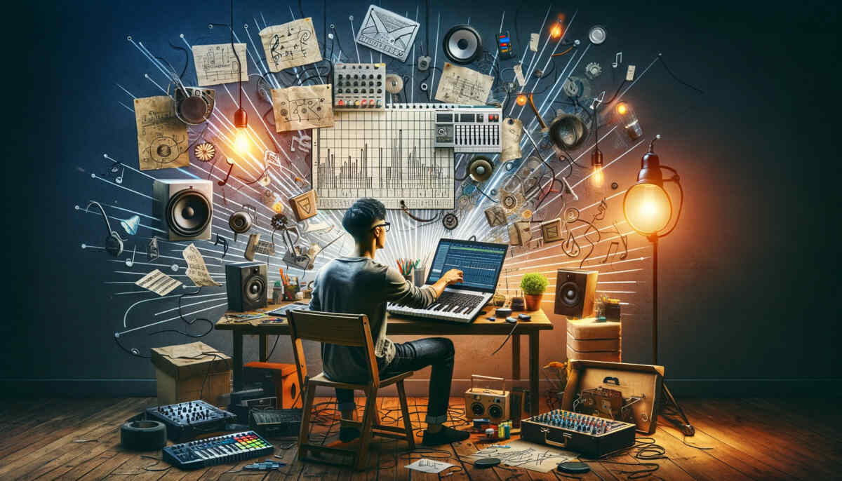 A dynamic and innovative image illustrating the concept of producing beats without expensive software or hardware.