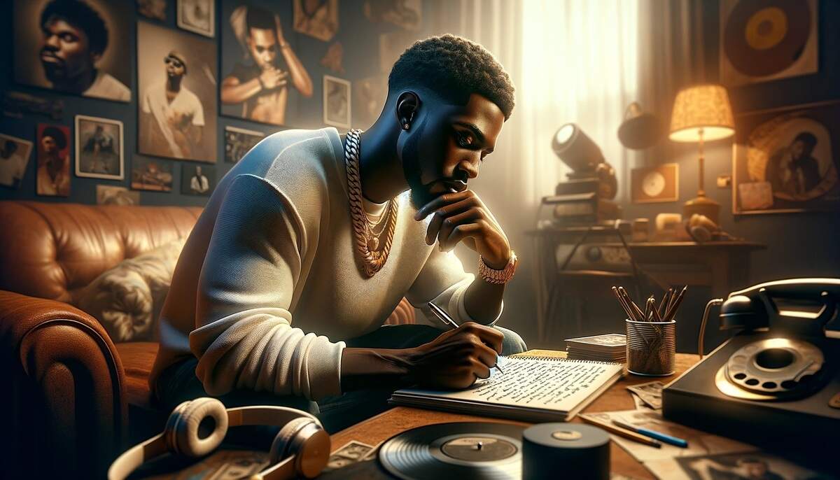An artistic representation of a male rapper with no money, focusing on the theme of writing lyrics with meaningful messages.