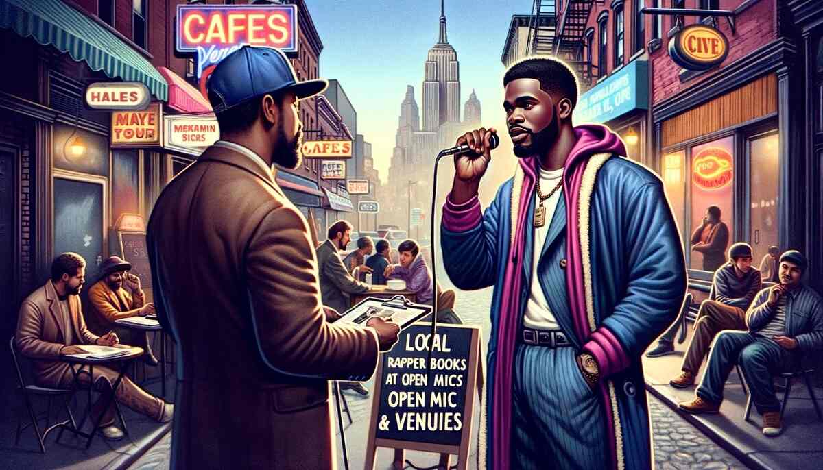 An evocative image capturing the essence of a male rapper booking local gigs at open mics and venues to make some money