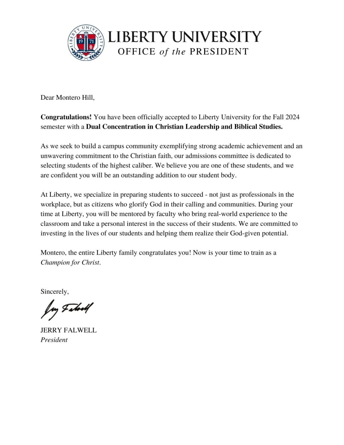 Lil Nas X Announces College Enrollment. This is an image of his enrollment letter.